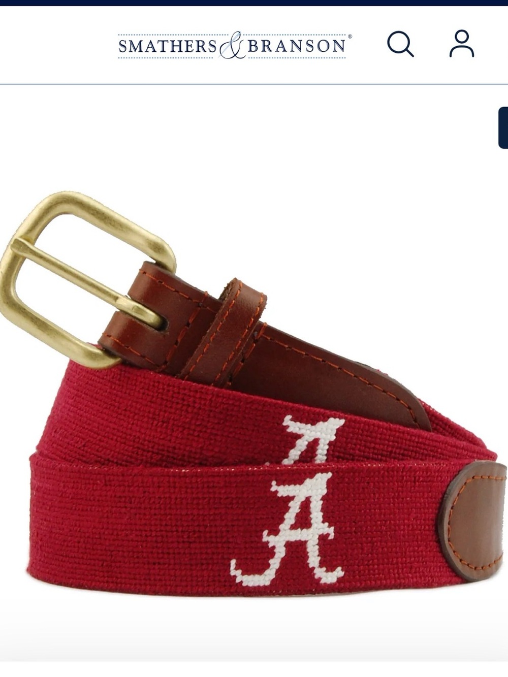 Smathers & Branson Crimson Needlepoint 'A' Alabama Belt with Leather